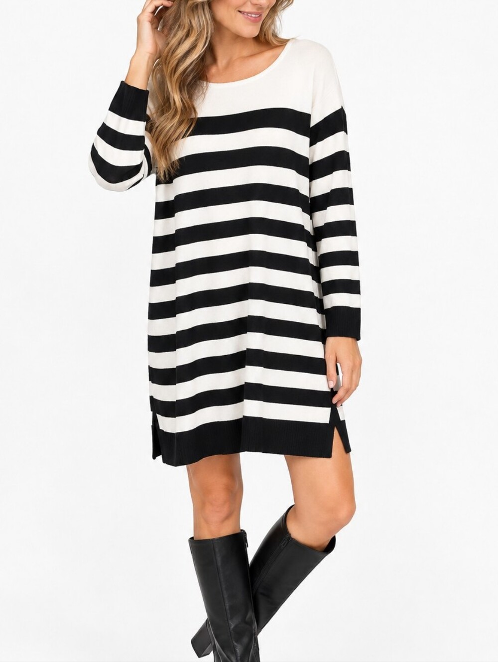 CONRAD C Black & White Striped Sweater Dress with Elbow Patches – Large